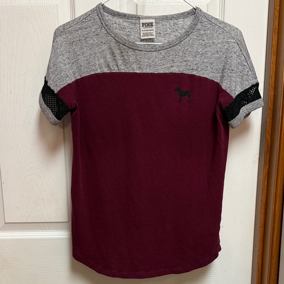 PINK Victoria's Secret Heather Gray and Burgundy Tee - Picture 1 of 5